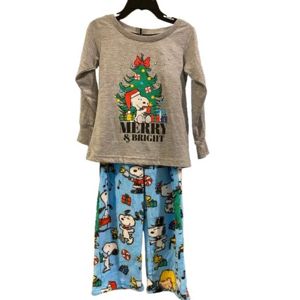 Boy's XXS 4 Peanuts Pajama Set Long Sleeve top w/ Fleece Pants Christmas Snoopy